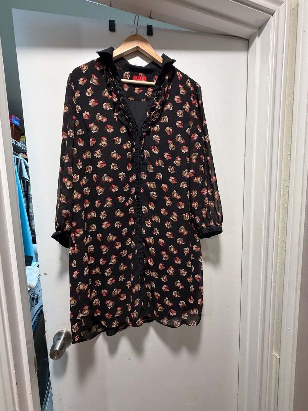 Elle Black Floral Chiffon Long Sleeve Ruffle Neck Shirtdress